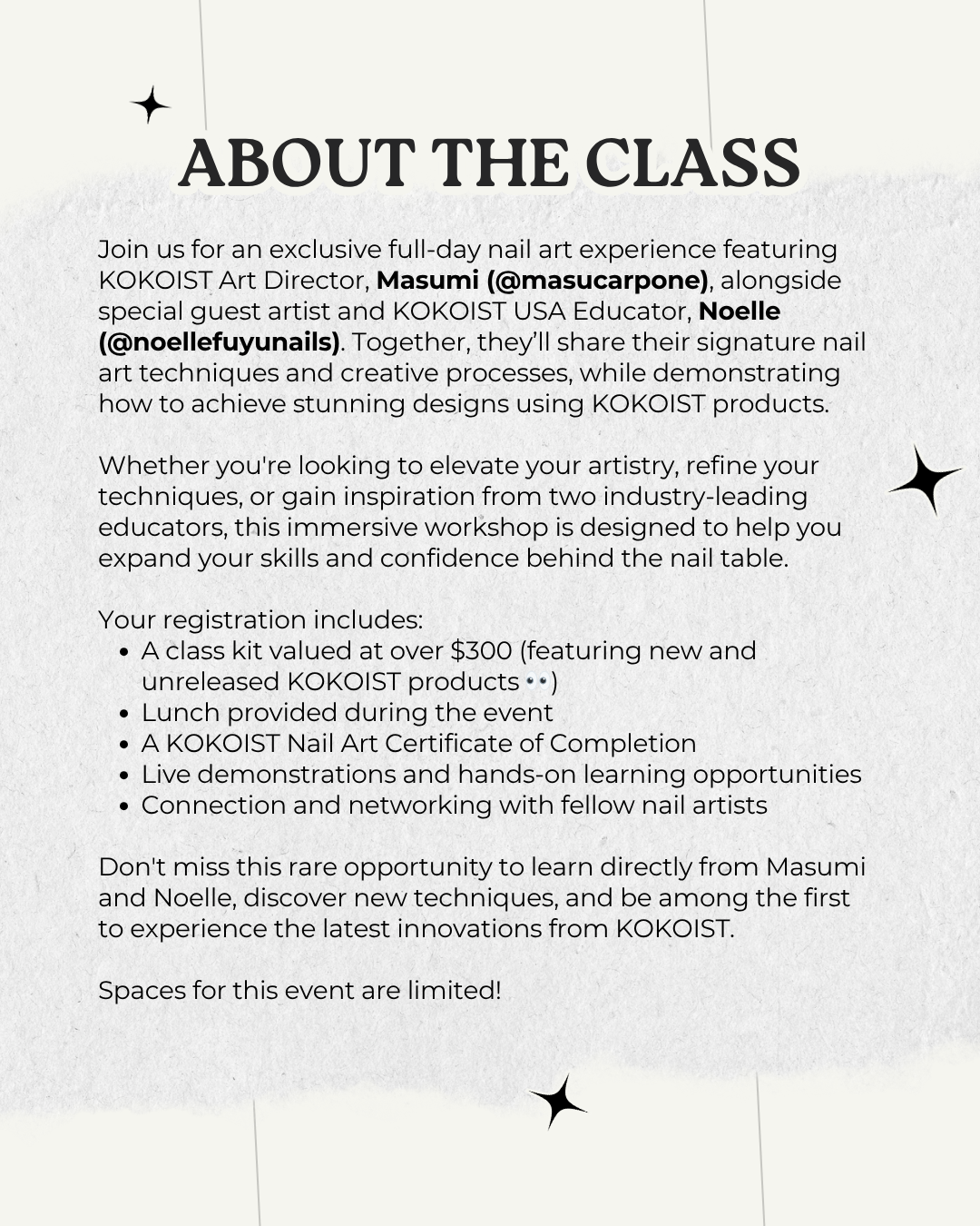 SAN ANTONIO, TX 08/29 IN-PERSON KOKOIST Nail Art Workshop with Masumi Utsumi and Noelle Moore